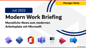 Vorschaubild „Modern Work Briefing – News zum modernen Arbeitsplatz mit Microsoft" mit Microsoft 365 App-Icons – 365 Akademie
